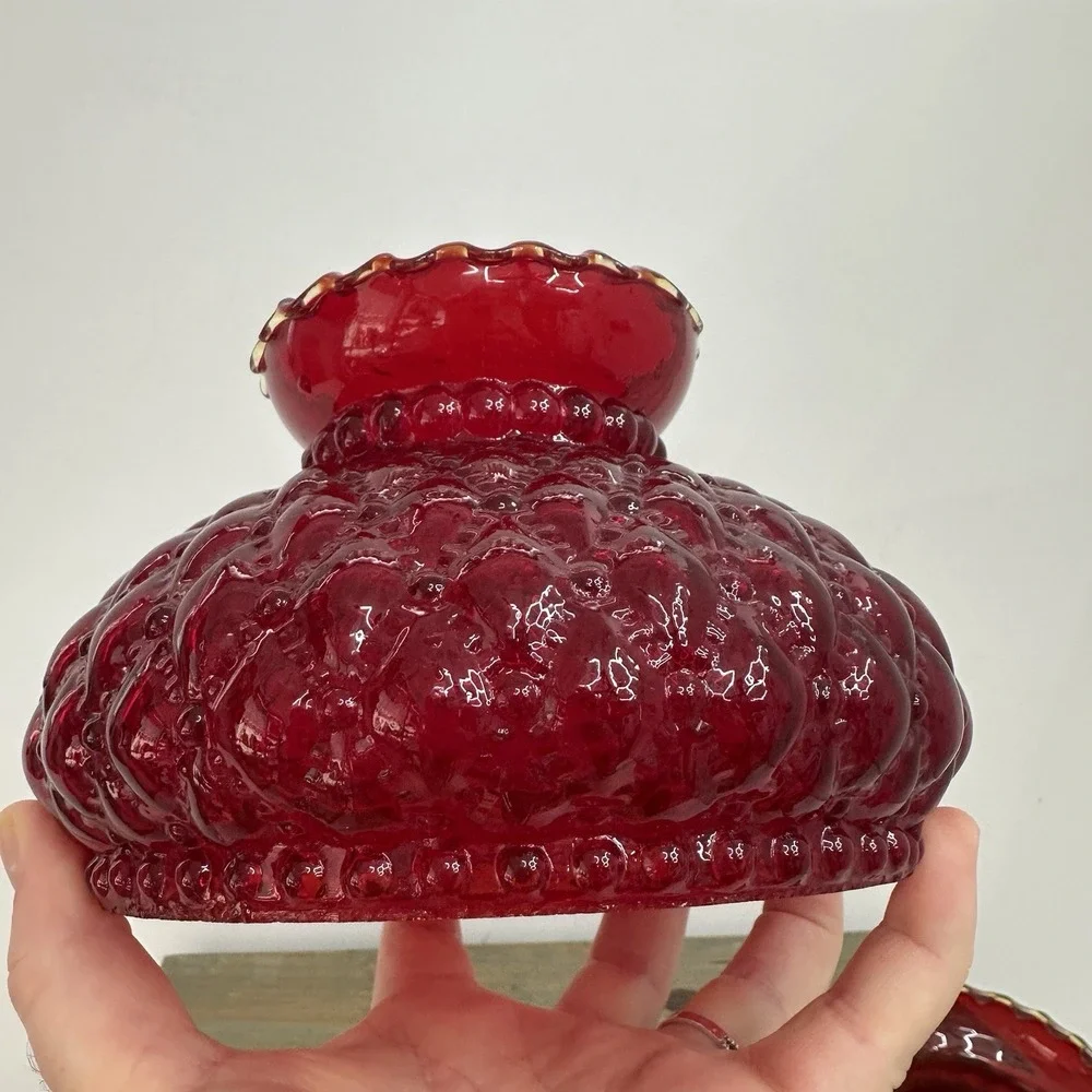 Vtg Fenton Ruby Red Glass Lamp Shade Quilted Beaded Ruffled 4.5
